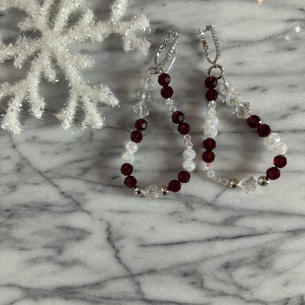 Ruby Bridal Crystal Dangle Earrings Dark Red Clear and White ❤️❤️❤️❤️ WOW!